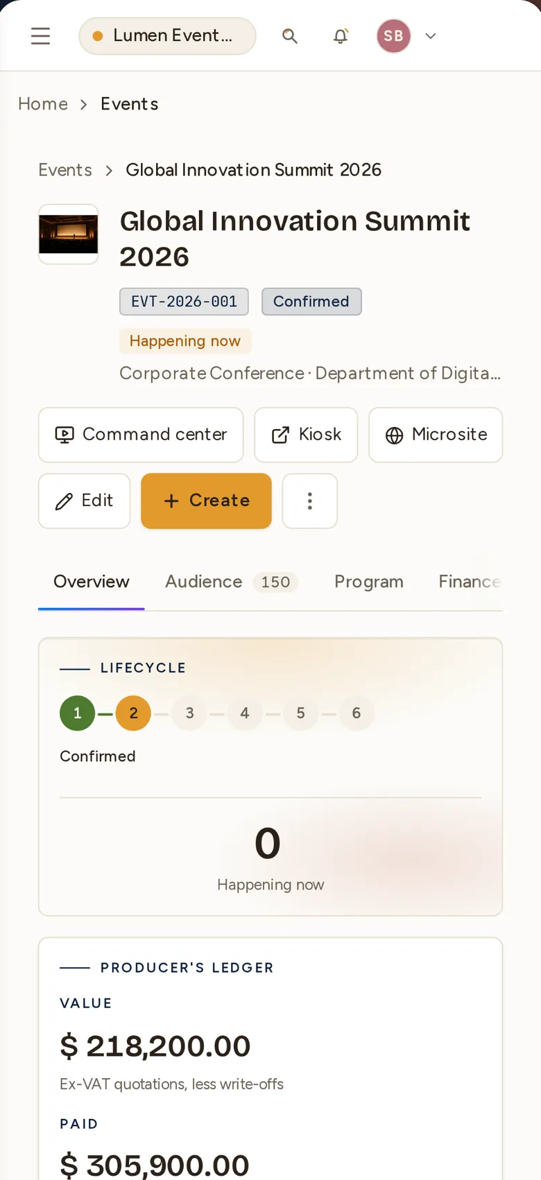 The Novex app showing an event overview